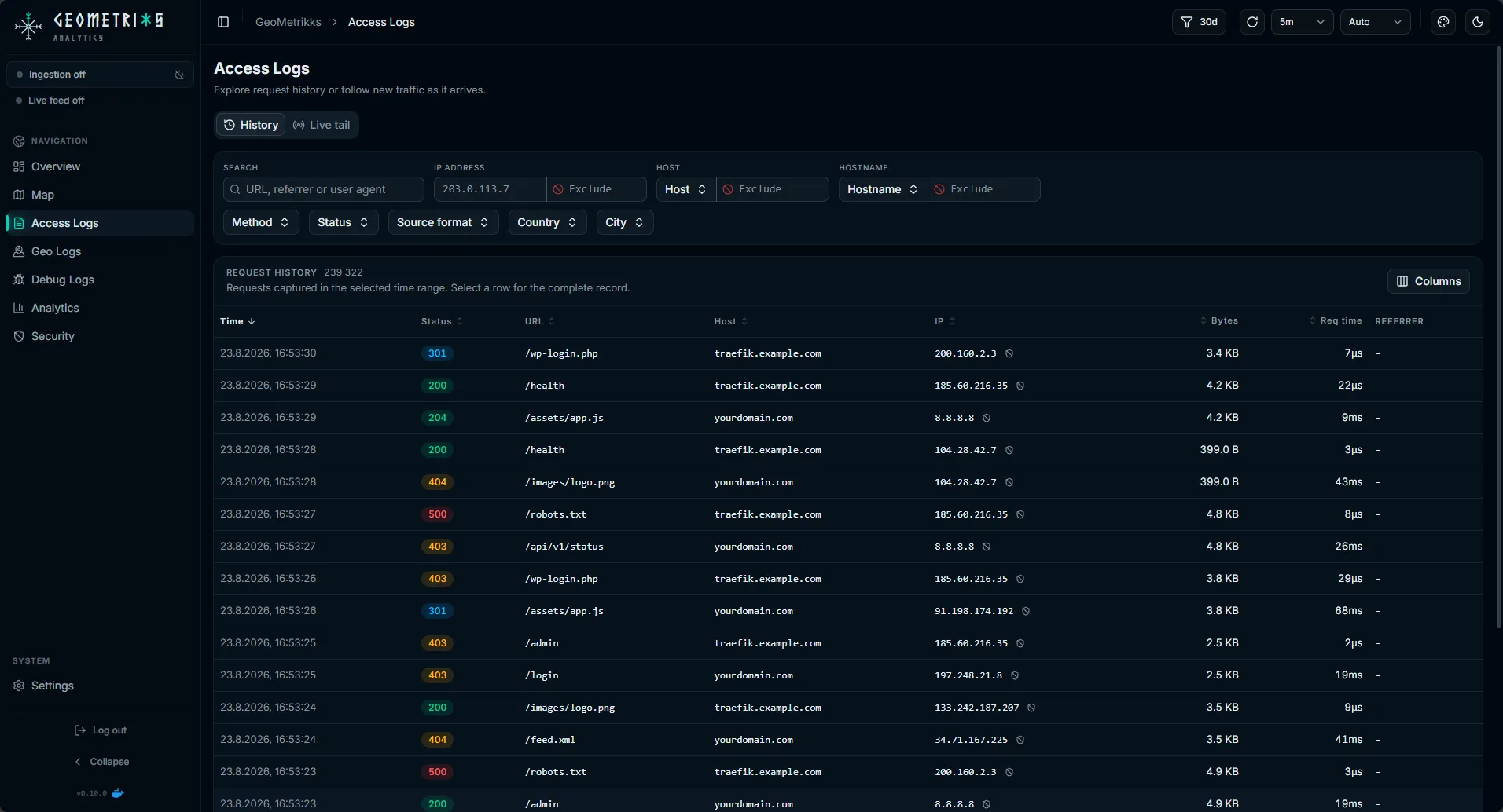 Access logs table with filters and a selected request