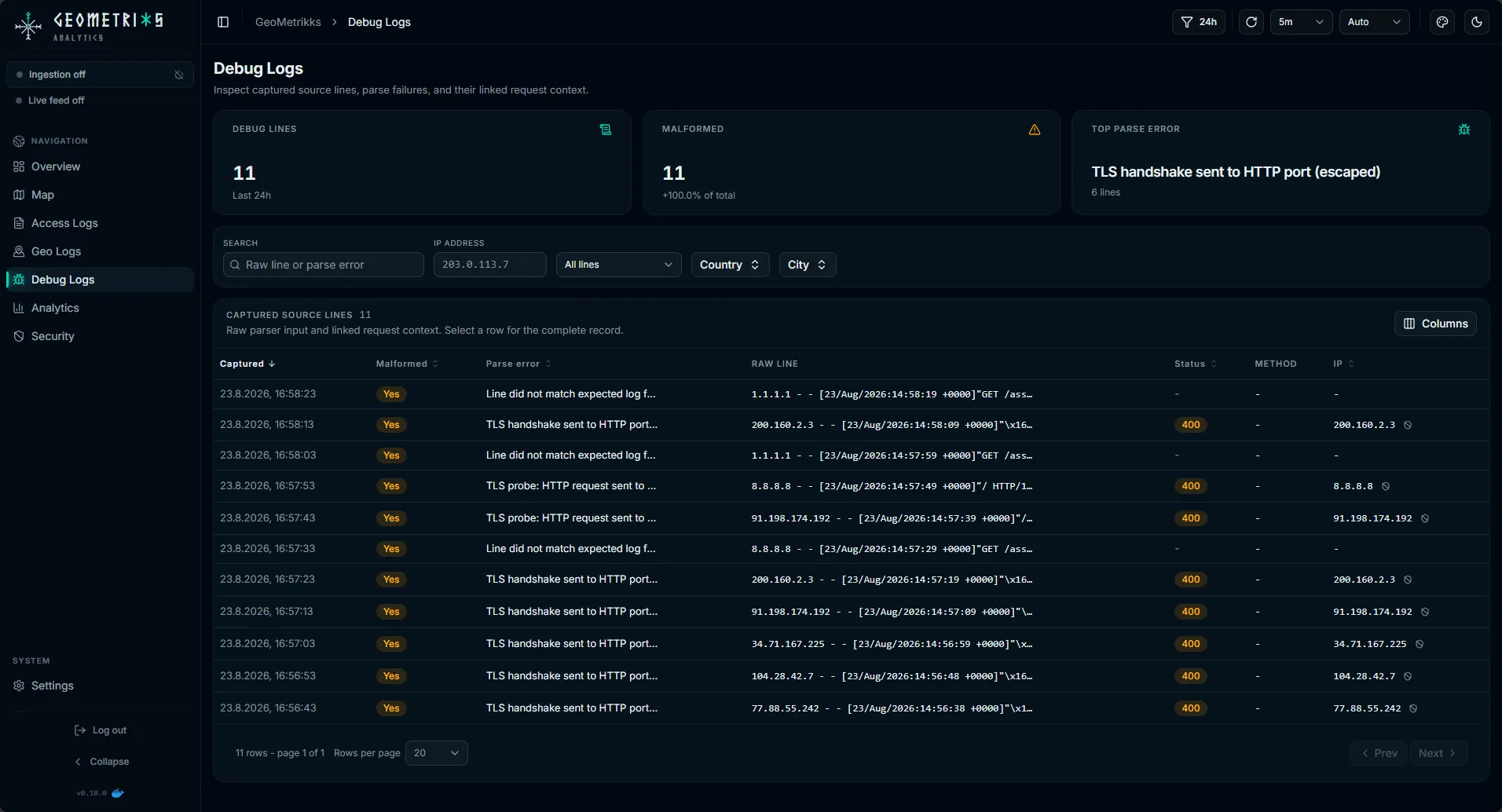 Debug logs page showing raw log lines and parse failures